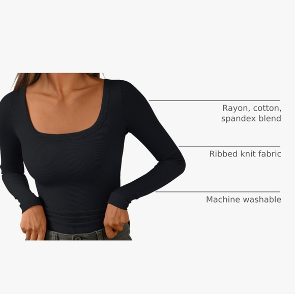 Square Neck Black Ribbed Long Sleeve Top Small - Picture 4 of 4